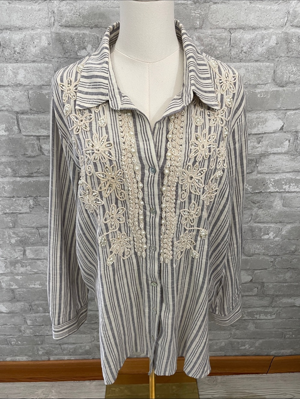 Soft Surroundings Striped Embroidered Beaded Button Down Top